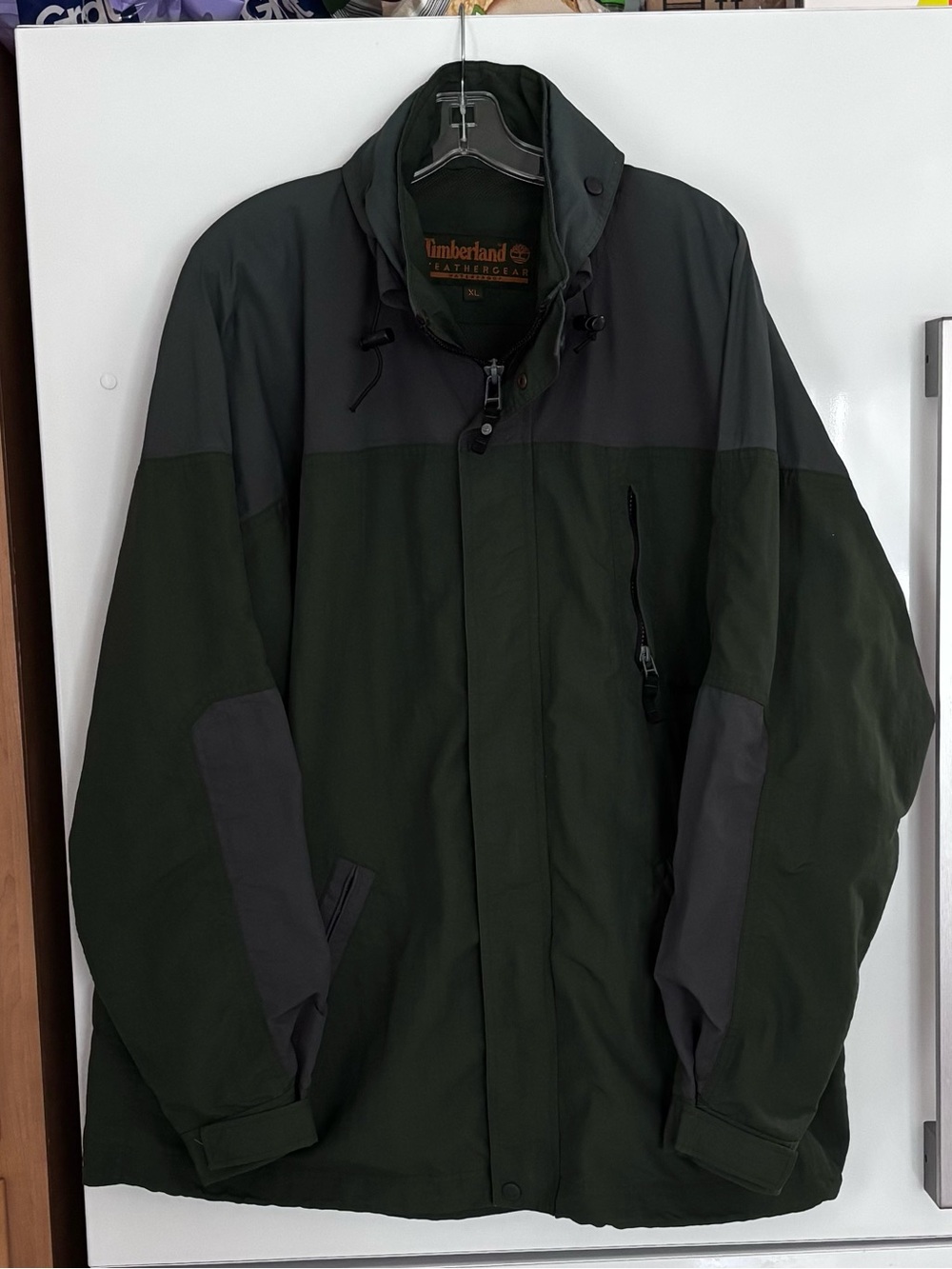 Vtg. Timberland Windbreaker Jacket Green/Gray Full Zip Hidden Hood XL